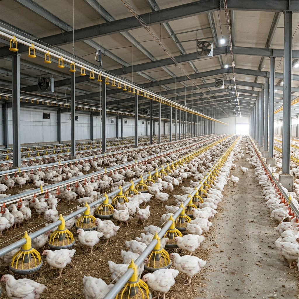 Interior of a poultry farm with rows of white chickens and yellow feeders