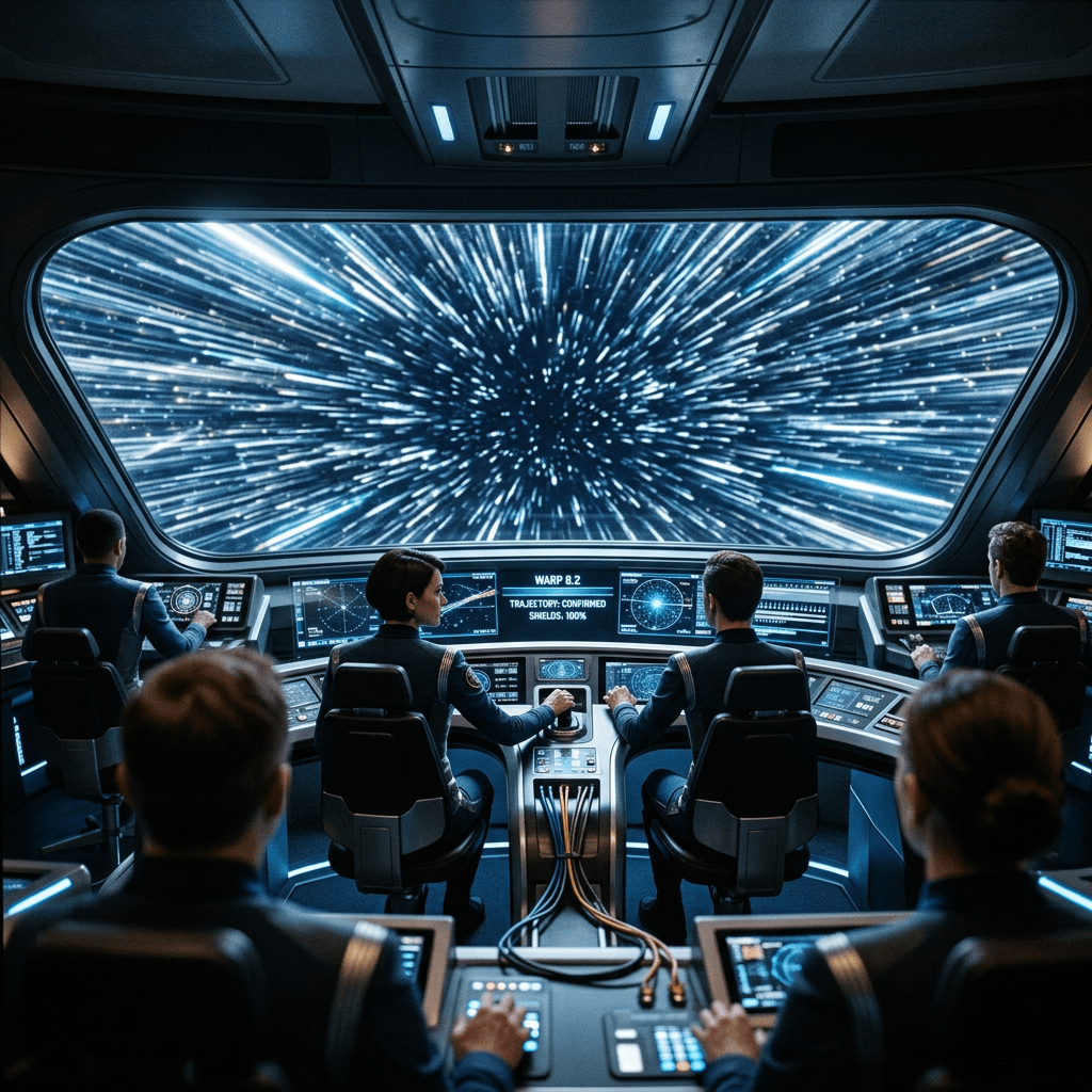 Starship bridge crew operating controls during warp speed travel