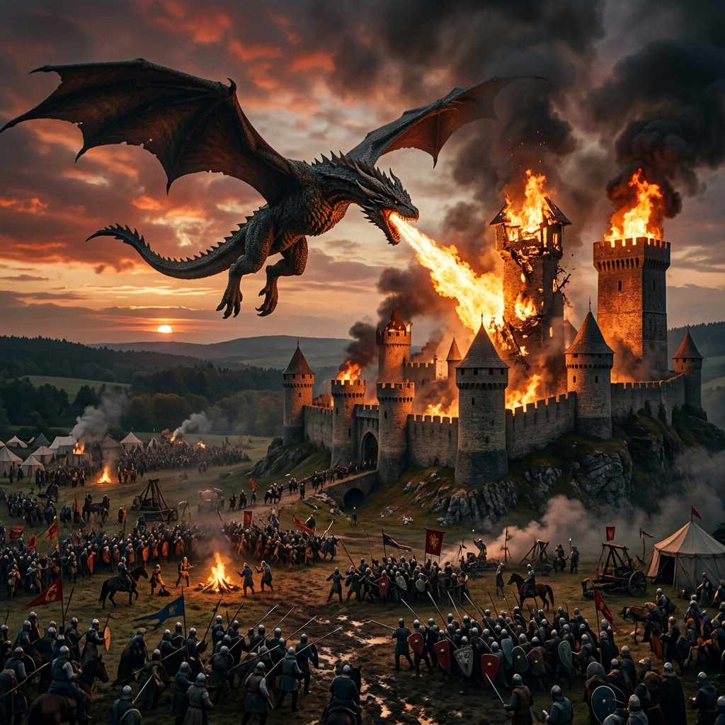 Dragon breathing fire on burning medieval castle under siege at sunset