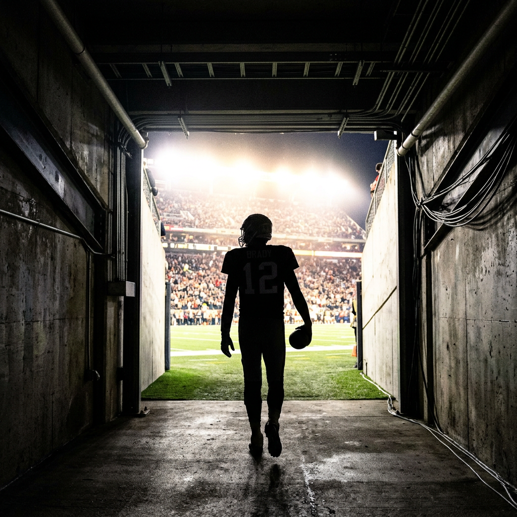 Silhouette of football player wearing jersey number 12 walking from tunnel to field