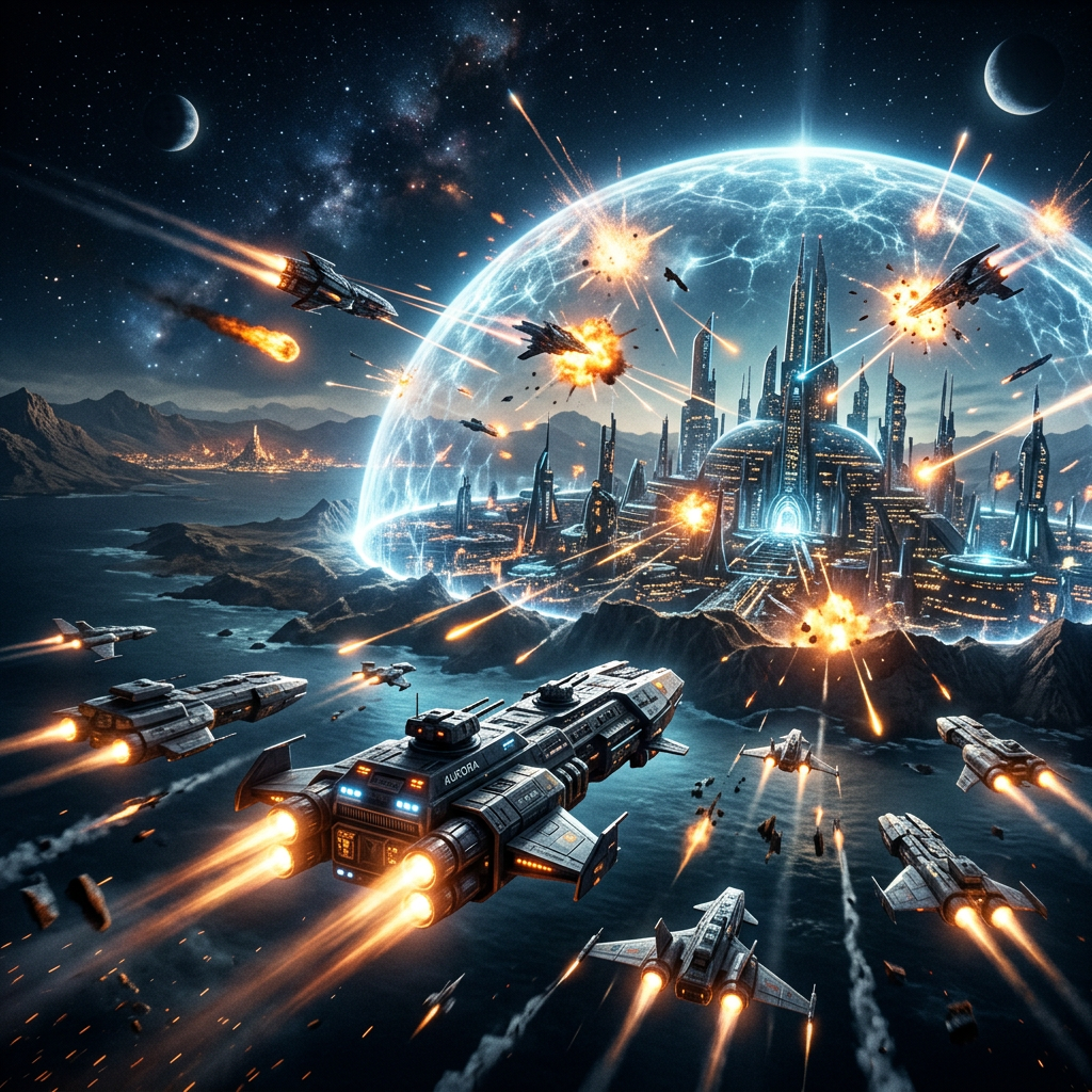 Spaceships firing weapons at a futuristic city shielded by a blue energy dome.