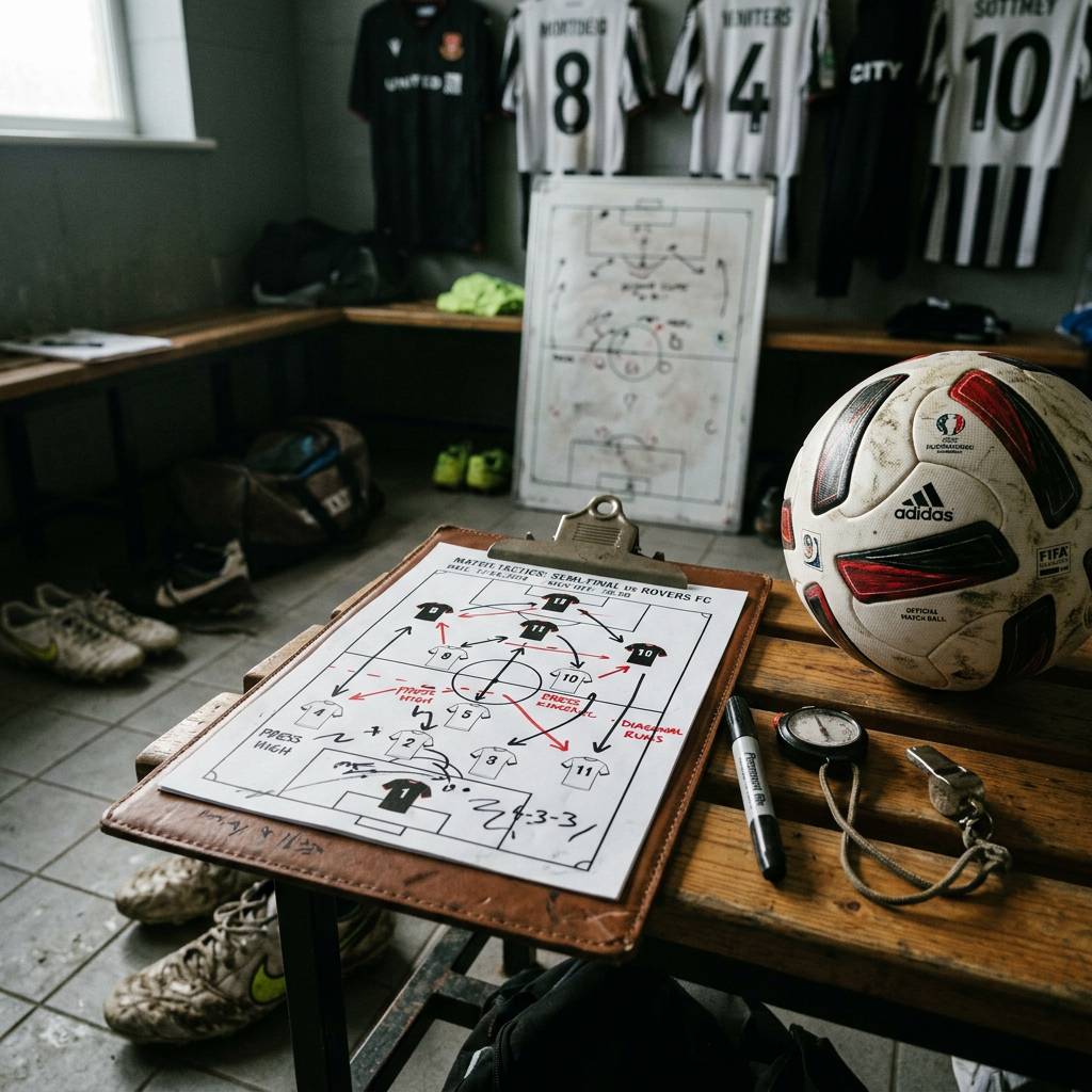 Soccer tactical plan clipboard with a ball, whistle, and stopwatch on a bench in a locker room
