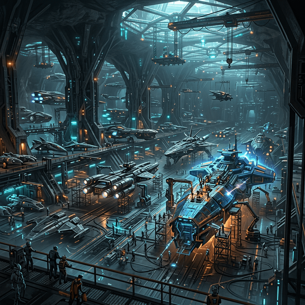 Large futuristic hangar with multiple spacecraft being assembled and serviced by workers and robots.