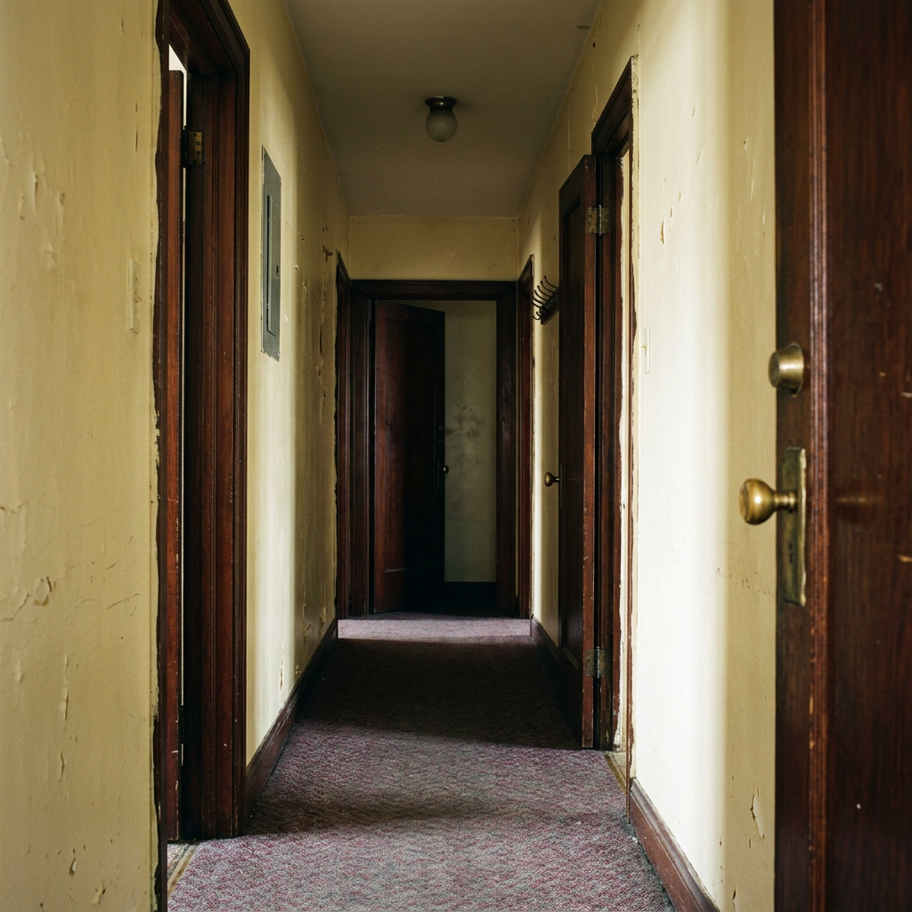 Narrow worn hallway with carpet and several open wooden doors