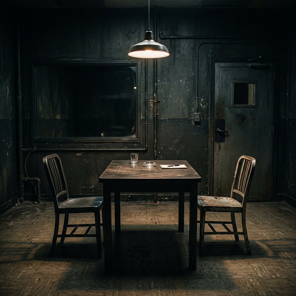Empty table with two chairs in a dim industrial room