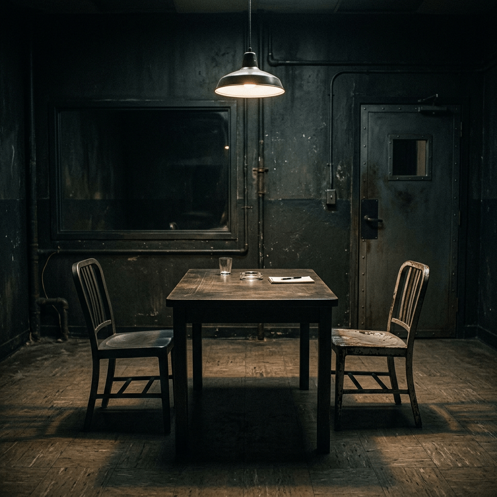 Empty table with two chairs in a dim industrial room