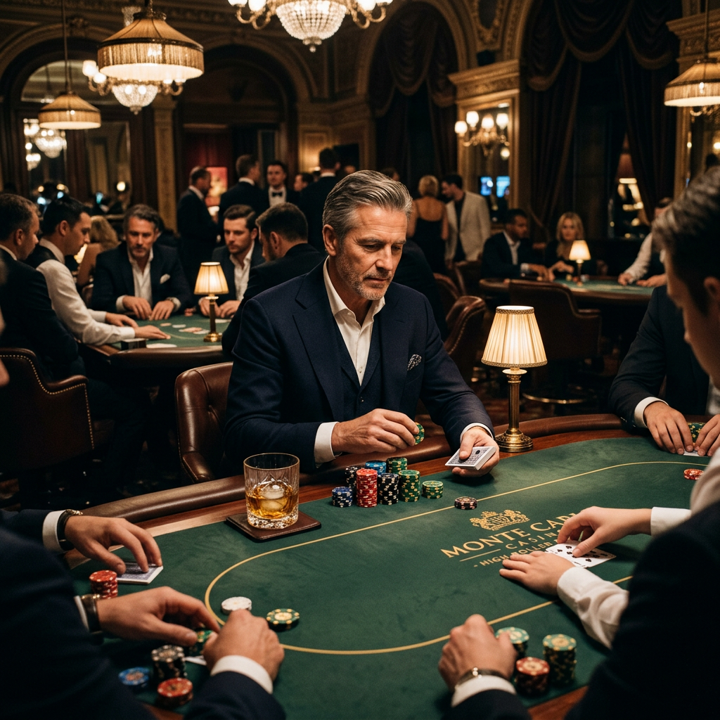 Man holding playing cards at a poker table in a luxurious casino