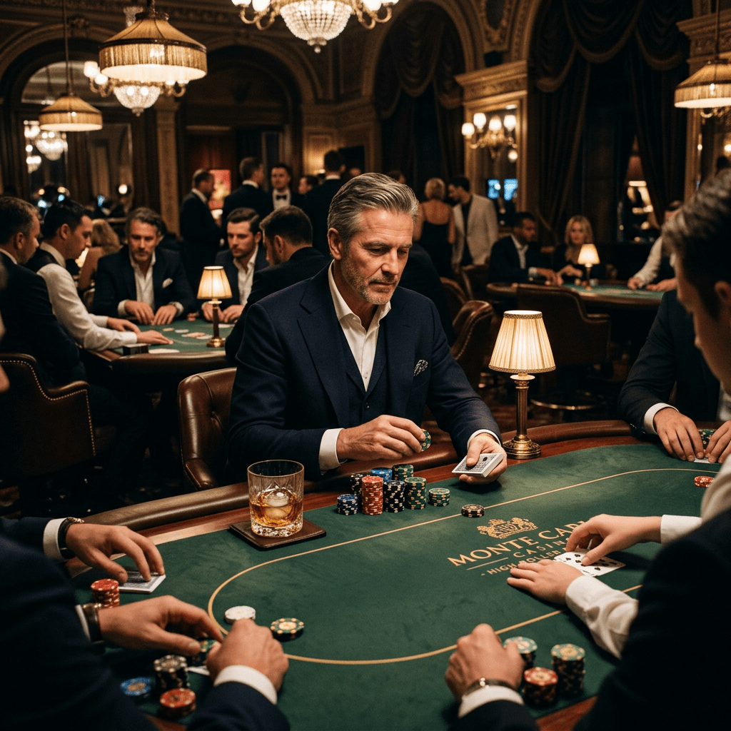 Man holding playing cards at a poker table in a luxurious casino