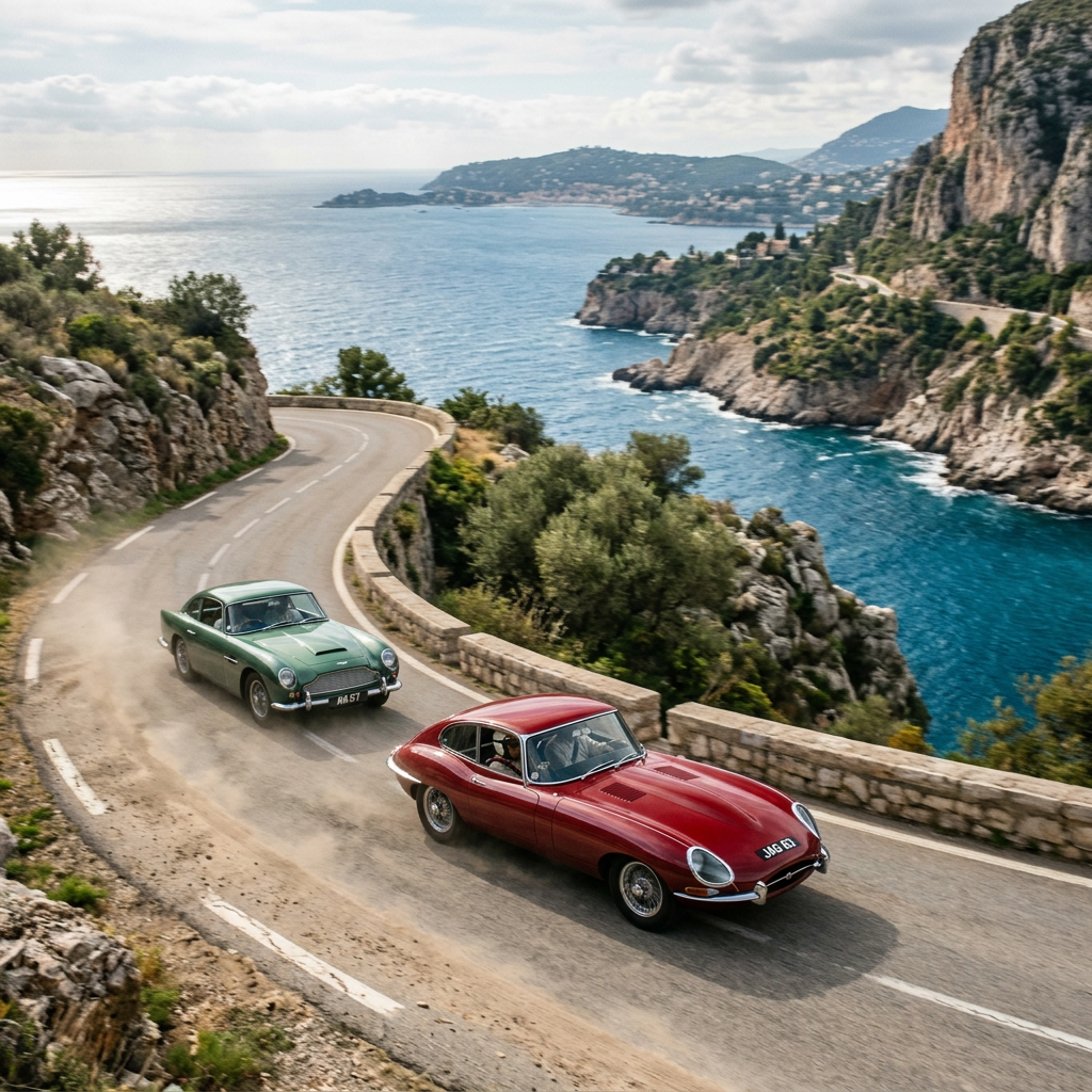 Two vintage sports cars driving along a winding coastal cliff road
