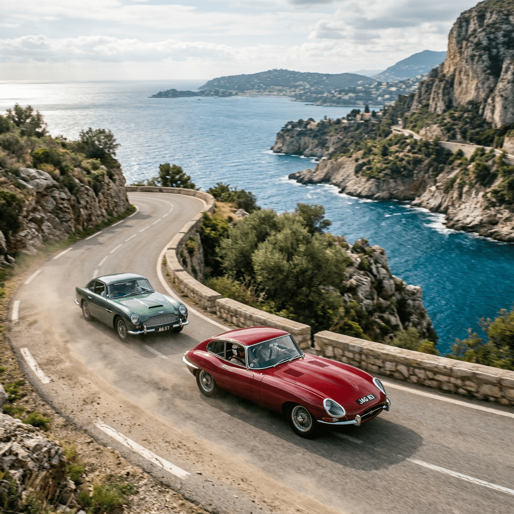 Two vintage sports cars driving along a winding coastal cliff road