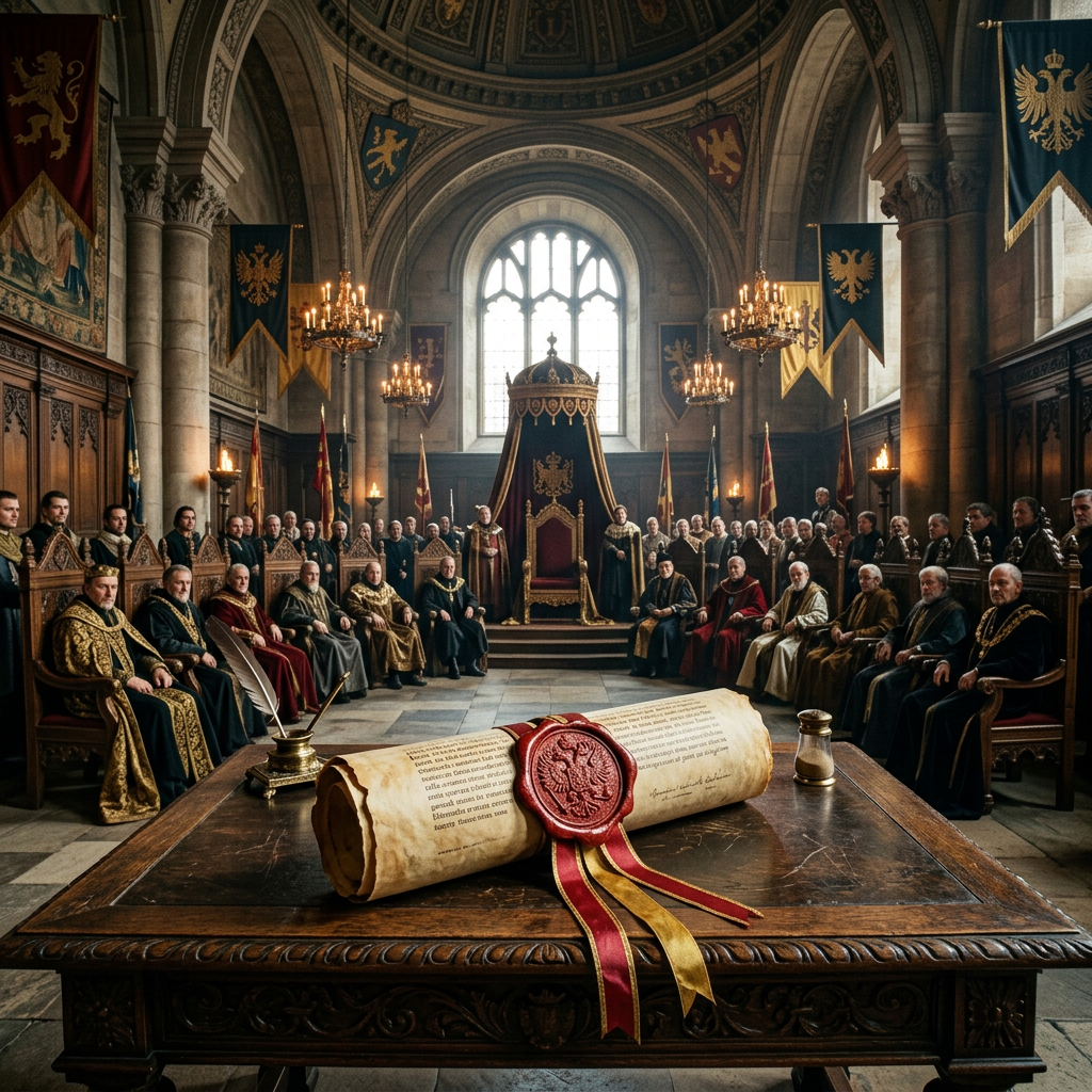 Sealed parchment decree before a throne surrounded by robed officials
