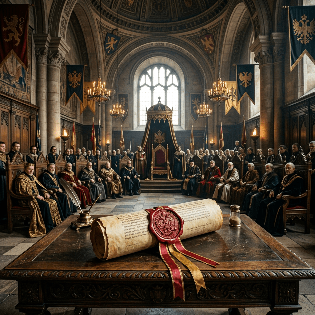 Sealed parchment decree before a throne surrounded by robed officials