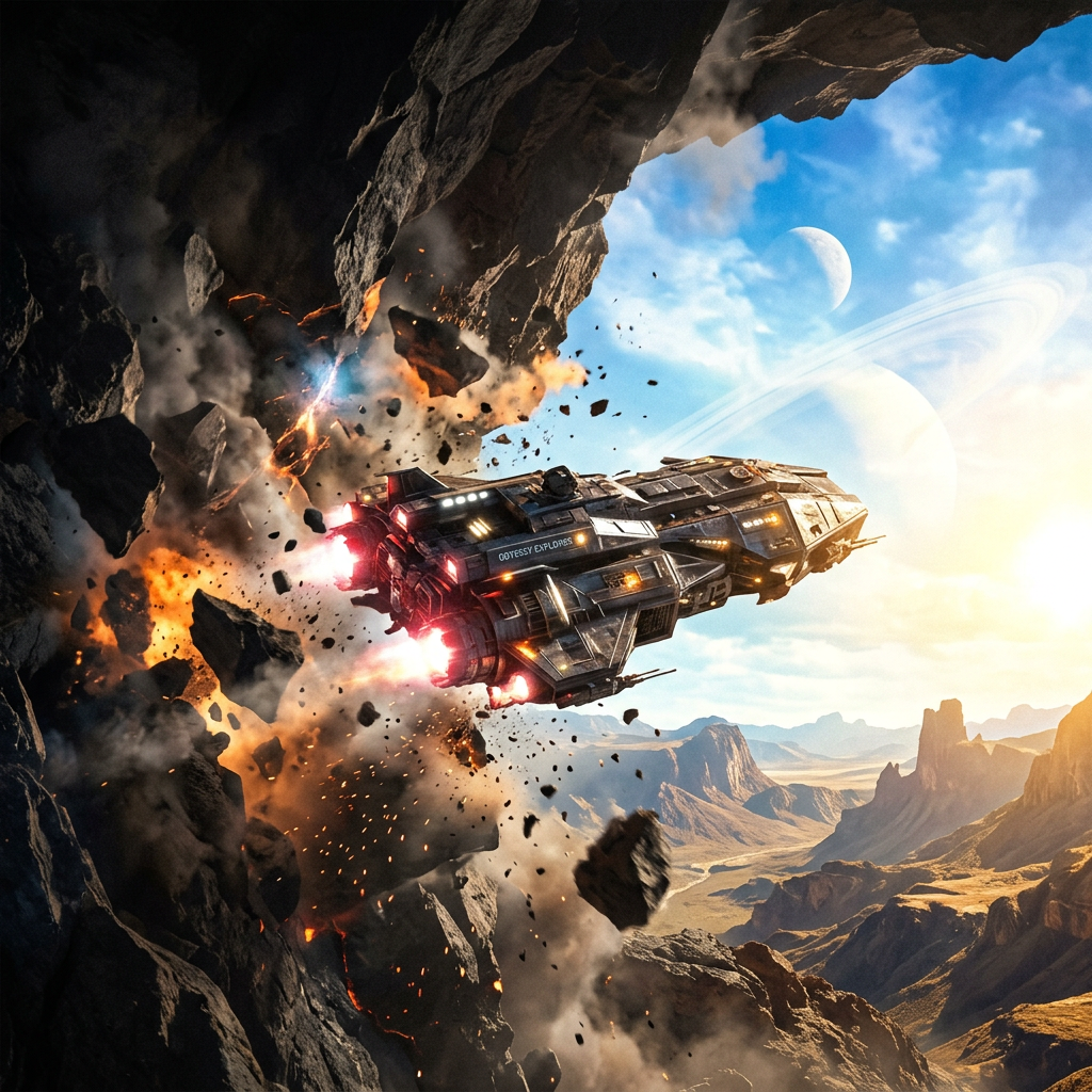 Futuristic spacecraft escaping a rocky explosion above an alien desert