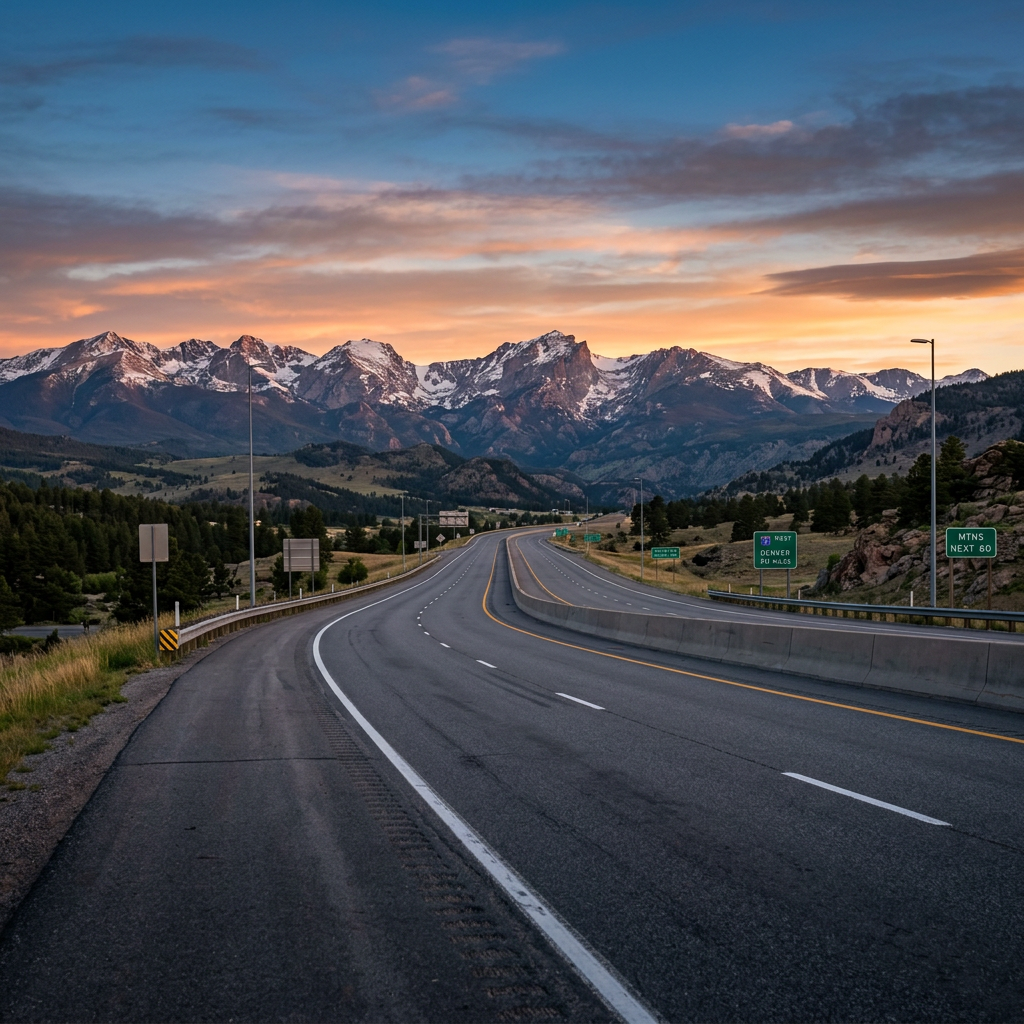 Highway winding toward snow-capped mountains at sunset