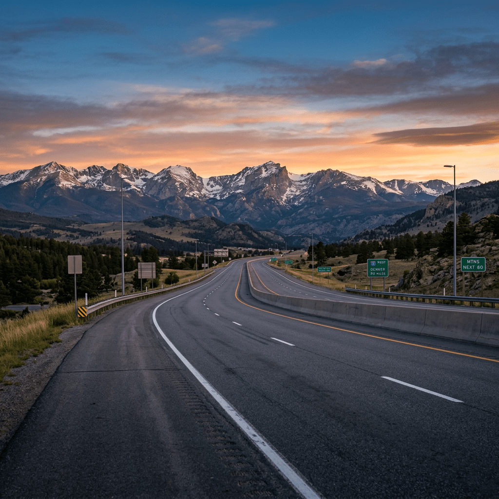 Highway winding toward snow-capped mountains at sunset