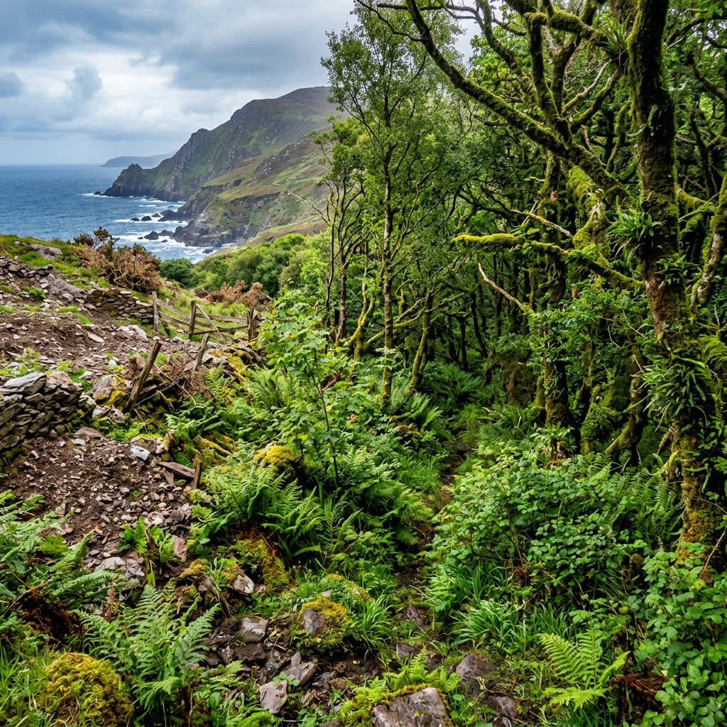 Mossy woodland trail overlooking rugged coastal cliffs and ocean