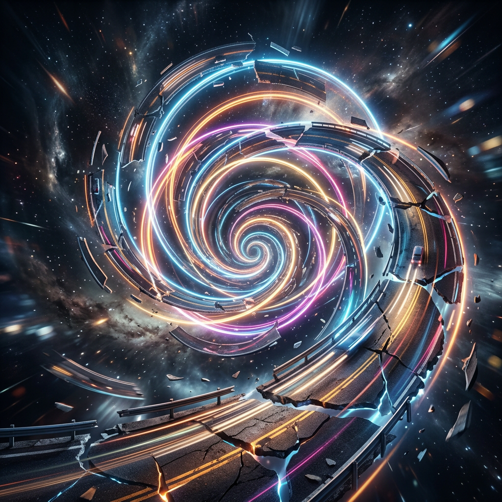 Shattered neon highway spiraling through outer space