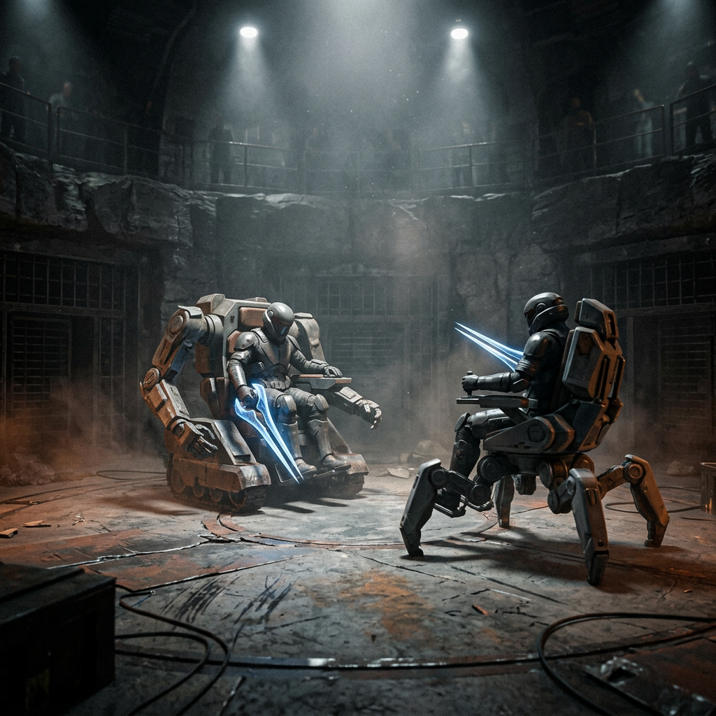 Two armored robots duel with glowing blue blades in an underground arena