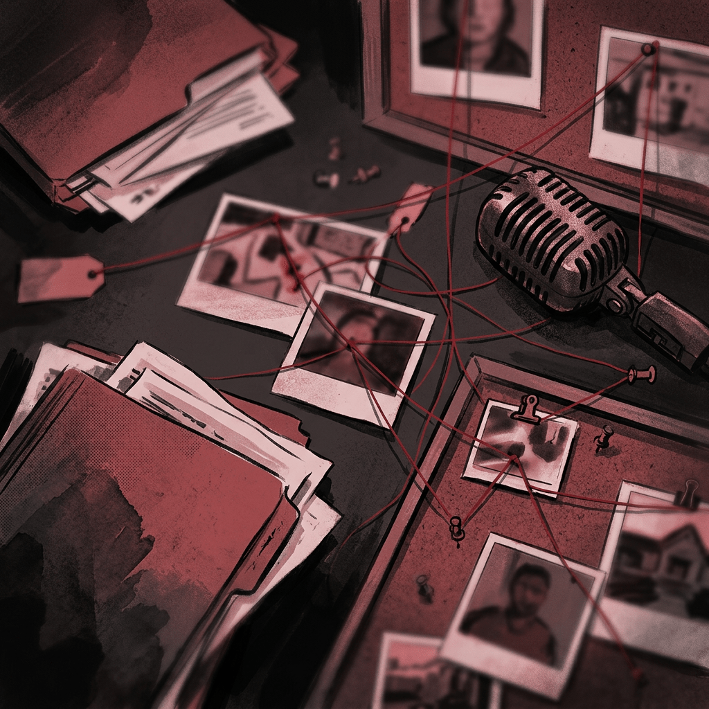 Vintage microphone, photographs, and red threads arranged on a detective evidence board