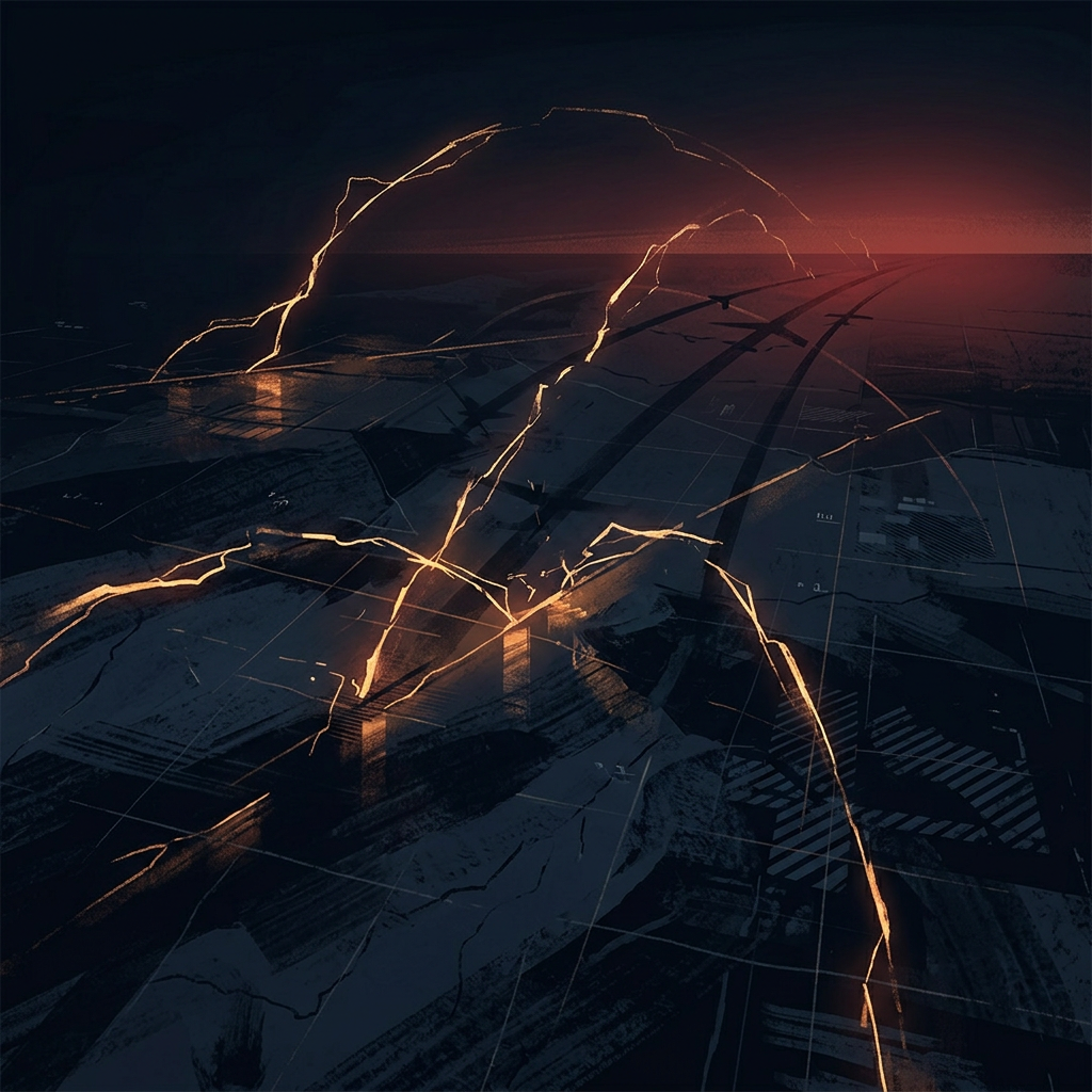 Glowing network lines overlaid on dark interconnected infrastructure