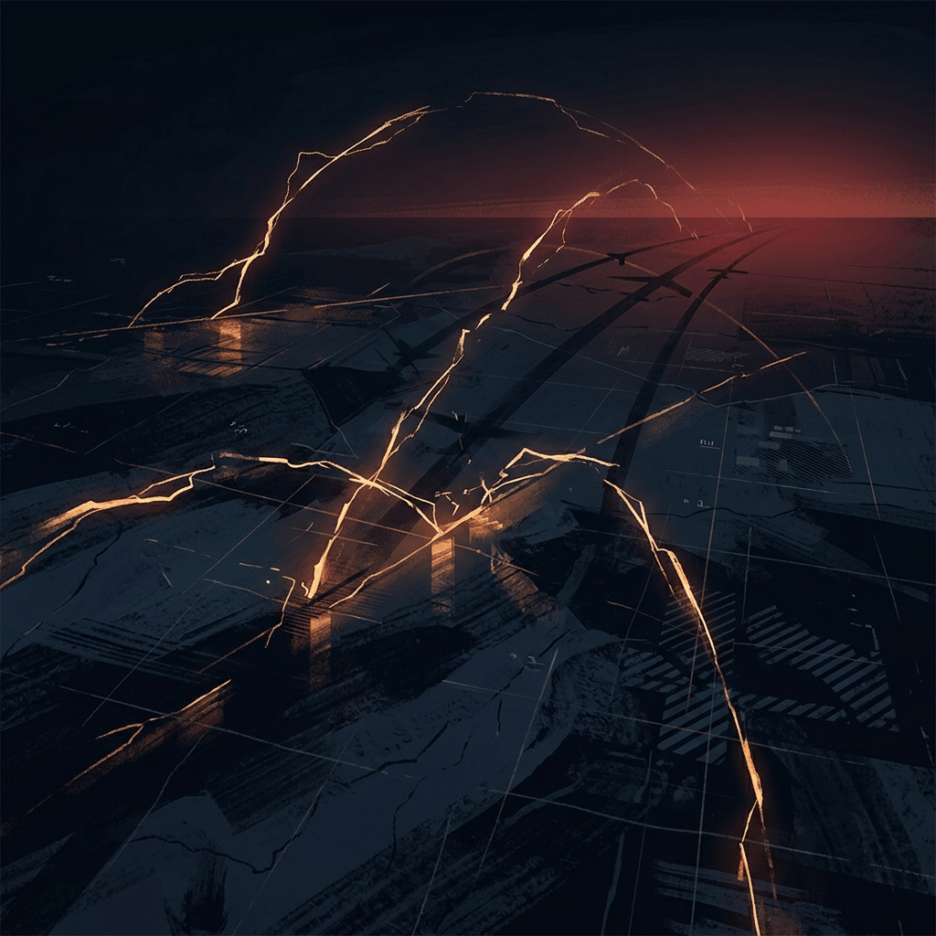Glowing network lines overlaid on dark interconnected infrastructure