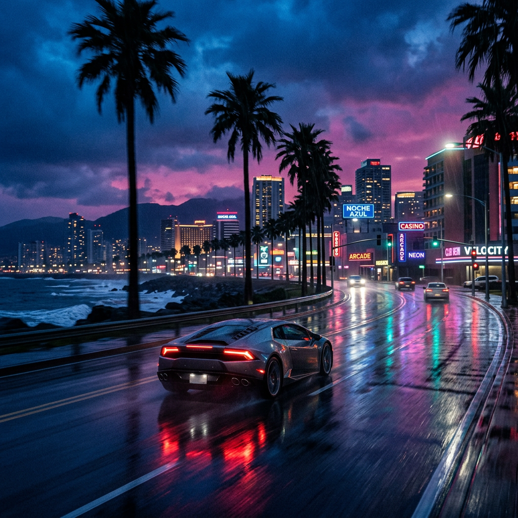Sports car driving on a wet coastal boulevard beneath neon casino signs