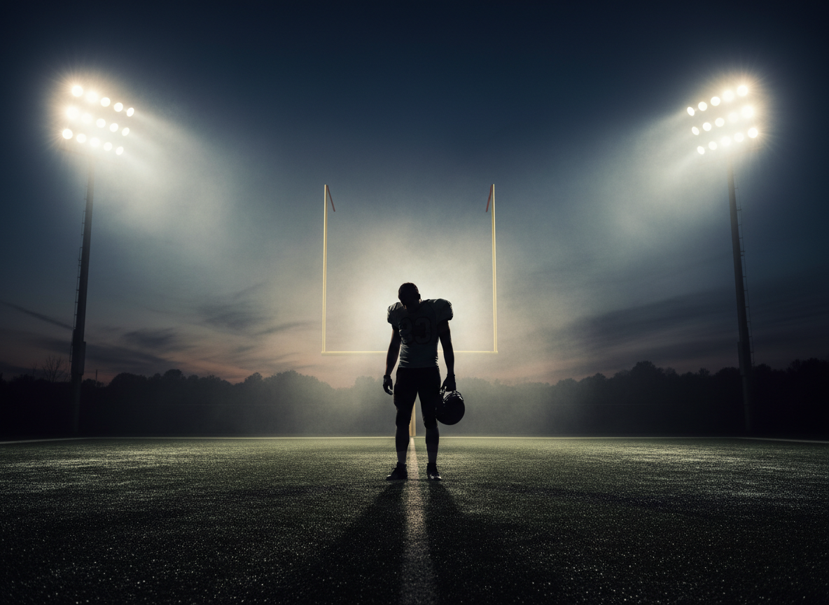 A lone American football player silhouetted against the bright stadium lights at dusk, standing on an empty field, cinematic and moody atmosphere evoking reflection, reckoning, and the weight of fame and legacy