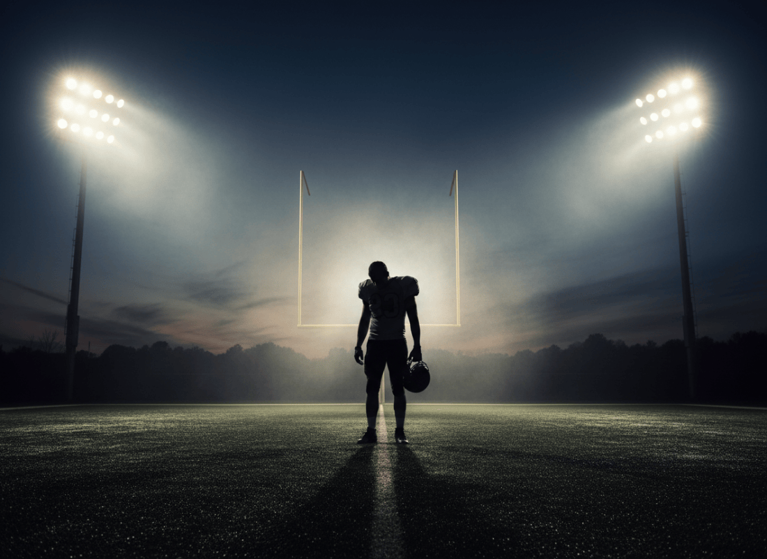 A lone American football player silhouetted against the bright stadium lights at dusk, standing on an empty field, cinematic and moody atmosphere evoking reflection, reckoning, and the weight of fame and legacy