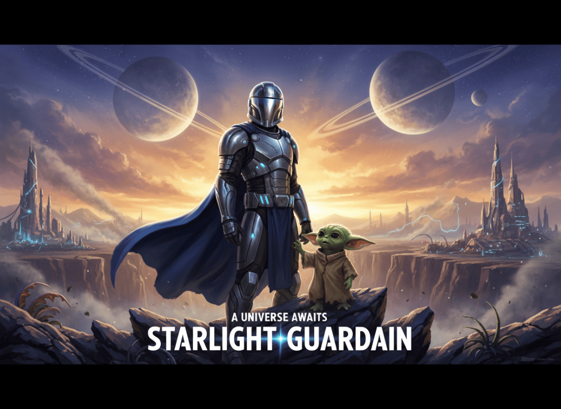 A cinematic, epic movie poster illustration of a lone armored space warrior in a silver helmet and dark cape standing protectively next to a small, wide-eyed green alien with big ears. Set against a dramatic alien landscape at dusk with golden and purple skies, distant moons, and a sci-fi atmosphere. Emotional and visually stunning composition.