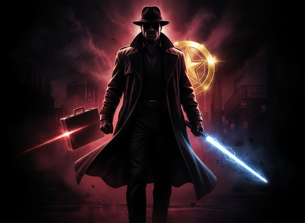 A dramatic, cinematic illustration of a powerful, charismatic Hollywood actor on a dark, moody background. The scene evokes classic film noir combined with blockbuster energy — a silhouette of a commanding figure in a long coat, standing center frame with confident posture, surrounded by subtle visual references to iconic movie moments: a briefcase, a lightsaber glow, a shield emblem. Rich blacks, deep reds, and gold tones. Epic and timeless in feel.