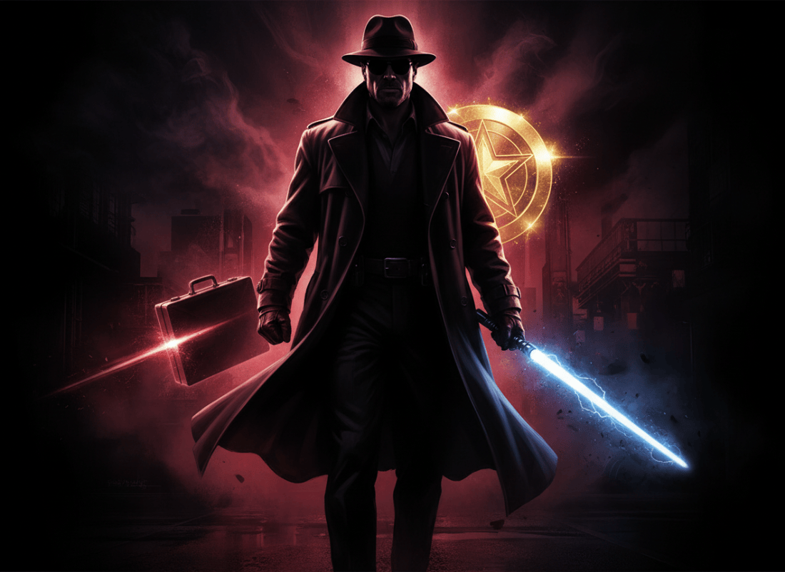 A dramatic, cinematic illustration of a powerful, charismatic Hollywood actor on a dark, moody background. The scene evokes classic film noir combined with blockbuster energy — a silhouette of a commanding figure in a long coat, standing center frame with confident posture, surrounded by subtle visual references to iconic movie moments: a briefcase, a lightsaber glow, a shield emblem. Rich blacks, deep reds, and gold tones. Epic and timeless in feel.