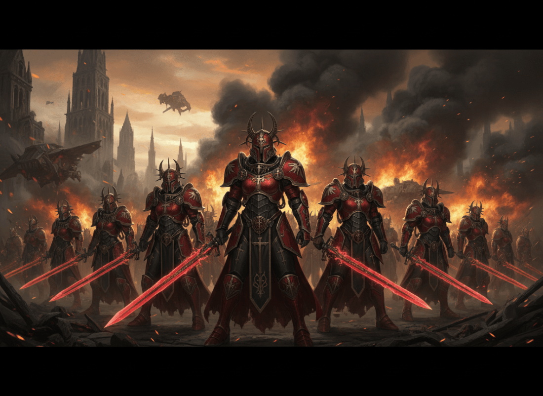 A dramatic sci-fi illustration of a group of fierce, armored women warriors standing in formation in a dark, burning medieval-futuristic city. The women wear ornate religious military armor with red and black color scheme, evoking both devotion and ruthlessness. The background shows the city of Nantes in flames, with smoke rising into a dystopian sky. The mood is dark, epic, and cinematic — reminiscent of a grimdark future empire.