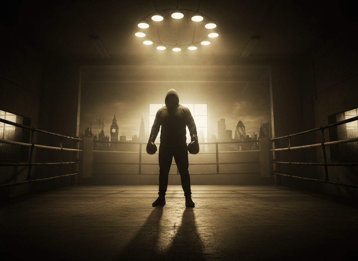 A dramatic, cinematic scene of a lone heavyweight boxer standing in a dimly lit boxing ring in London at night. The fighter wears boxing gloves and a hood, silhouetted against the glow of ring lights. Dark, moody atmosphere with shadows suggesting danger and the London skyline barely visible through a smoky haze in the background. Crime drama aesthetic, high contrast black and dark gold tones.