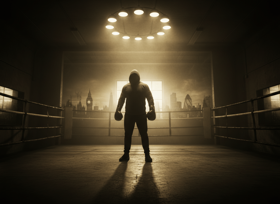 A dramatic, cinematic scene of a lone heavyweight boxer standing in a dimly lit boxing ring in London at night. The fighter wears boxing gloves and a hood, silhouetted against the glow of ring lights. Dark, moody atmosphere with shadows suggesting danger and the London skyline barely visible through a smoky haze in the background. Crime drama aesthetic, high contrast black and dark gold tones.