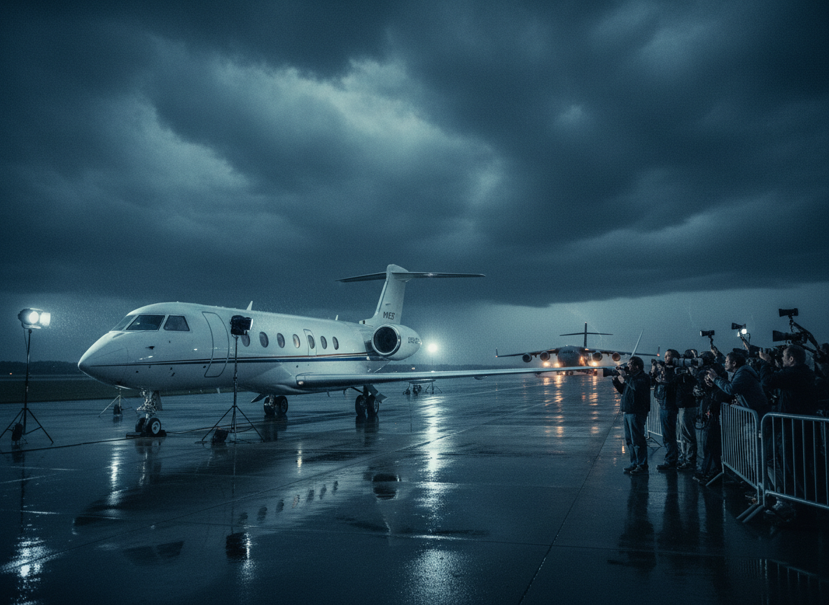 A dramatic, cinematic scene of a tarmac at night with two planes — one in the foreground bathed in spotlights (the decoy), one departing in the background under a dark stormy sky. The atmosphere is tense and shadowy, with a documentary film aesthetic. Moody blue and grey tones, slightly grainy texture evoking real-world footage. A cluster of journalists with cameras and microphones stand on the tarmac looking confused, watching the wrong plane. Political thriller documentary style.