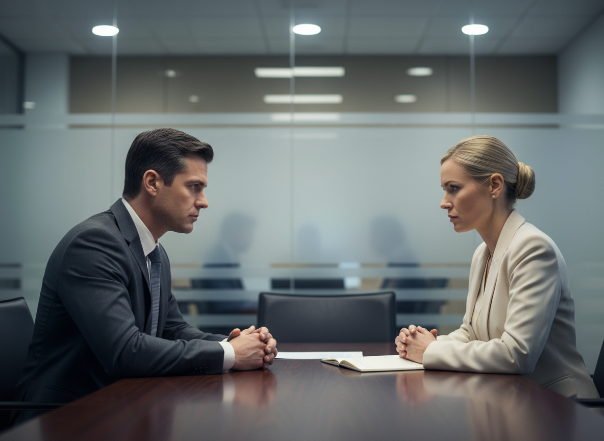 Two serious-looking professionals sitting across a table from each other in a formal interview setting. Corporate office environment, neutral tones, professional attire, tense and focused atmosphere, realistic style.