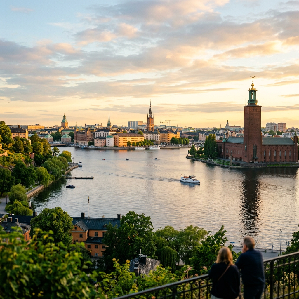 Stockholm waterfront with City Hall tower, boats, and sunset