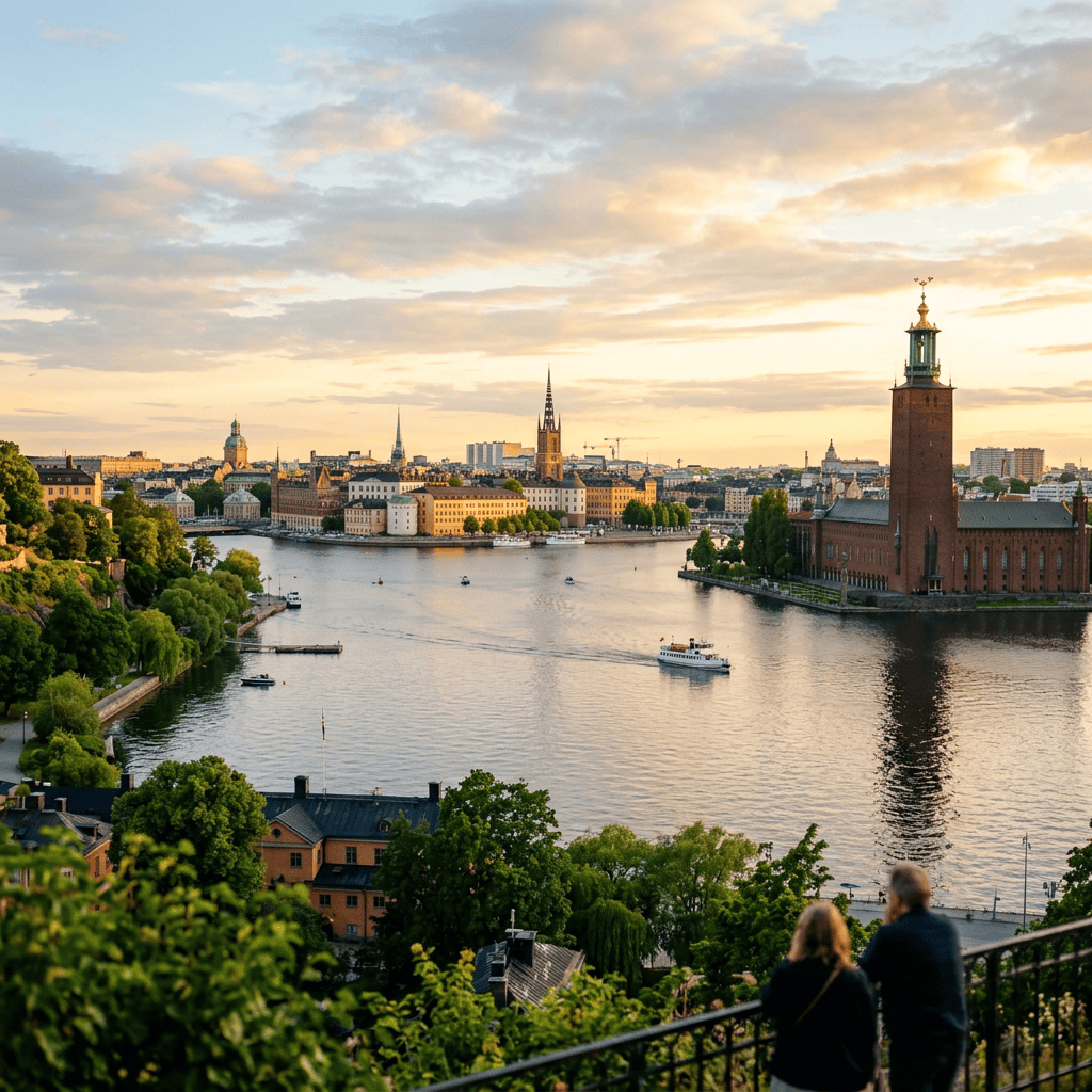 Stockholm waterfront with City Hall tower, boats, and sunset