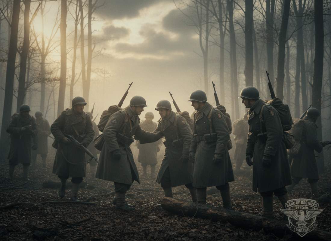 A cinematic, moody image evoking the 25th anniversary of Band of Brothers — soldiers in WWII uniforms moving through a misty European landscape, warm golden light breaking through overcast skies, a sense of brotherhood, sacrifice, and legacy. Dramatic and emotional tone, film still aesthetic.