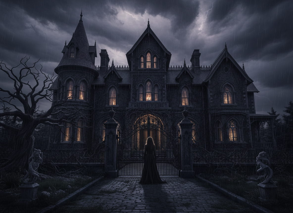 A dark, gothic Victorian house at dusk, with a stormy sky and dim candlelight flickering in the windows. Eerie and atmospheric, with a moody cinematic quality. Silhouette of a lone woman standing in front of the house. Deep shadows, muted tones of dark grey, burgundy, and black.