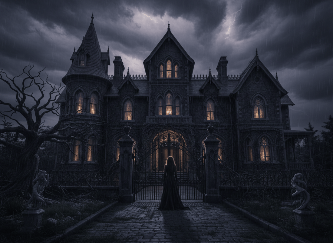 A dark, gothic Victorian house at dusk, with a stormy sky and dim candlelight flickering in the windows. Eerie and atmospheric, with a moody cinematic quality. Silhouette of a lone woman standing in front of the house. Deep shadows, muted tones of dark grey, burgundy, and black.