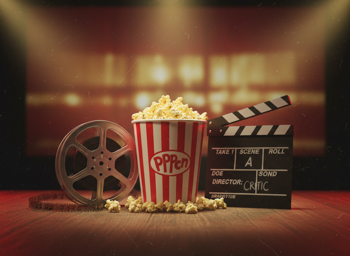 A cinematic movie review aesthetic image featuring popcorn in a striped bucket, a vintage film reel, a clapperboard, and soft dramatic cinema lighting. Warm golden and deep red tones, moody atmosphere, film grain texture overlay. Horizontal composition, editorial feel.
