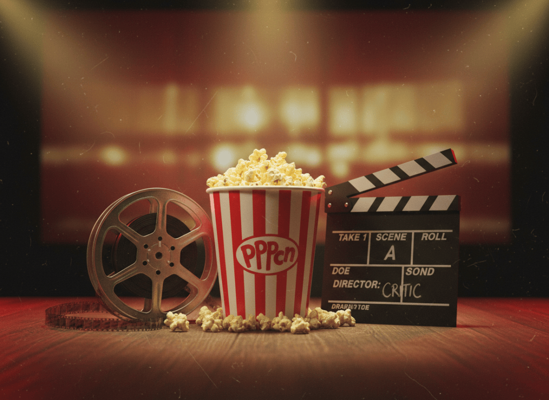 A cinematic movie review aesthetic image featuring popcorn in a striped bucket, a vintage film reel, a clapperboard, and soft dramatic cinema lighting. Warm golden and deep red tones, moody atmosphere, film grain texture overlay. Horizontal composition, editorial feel.