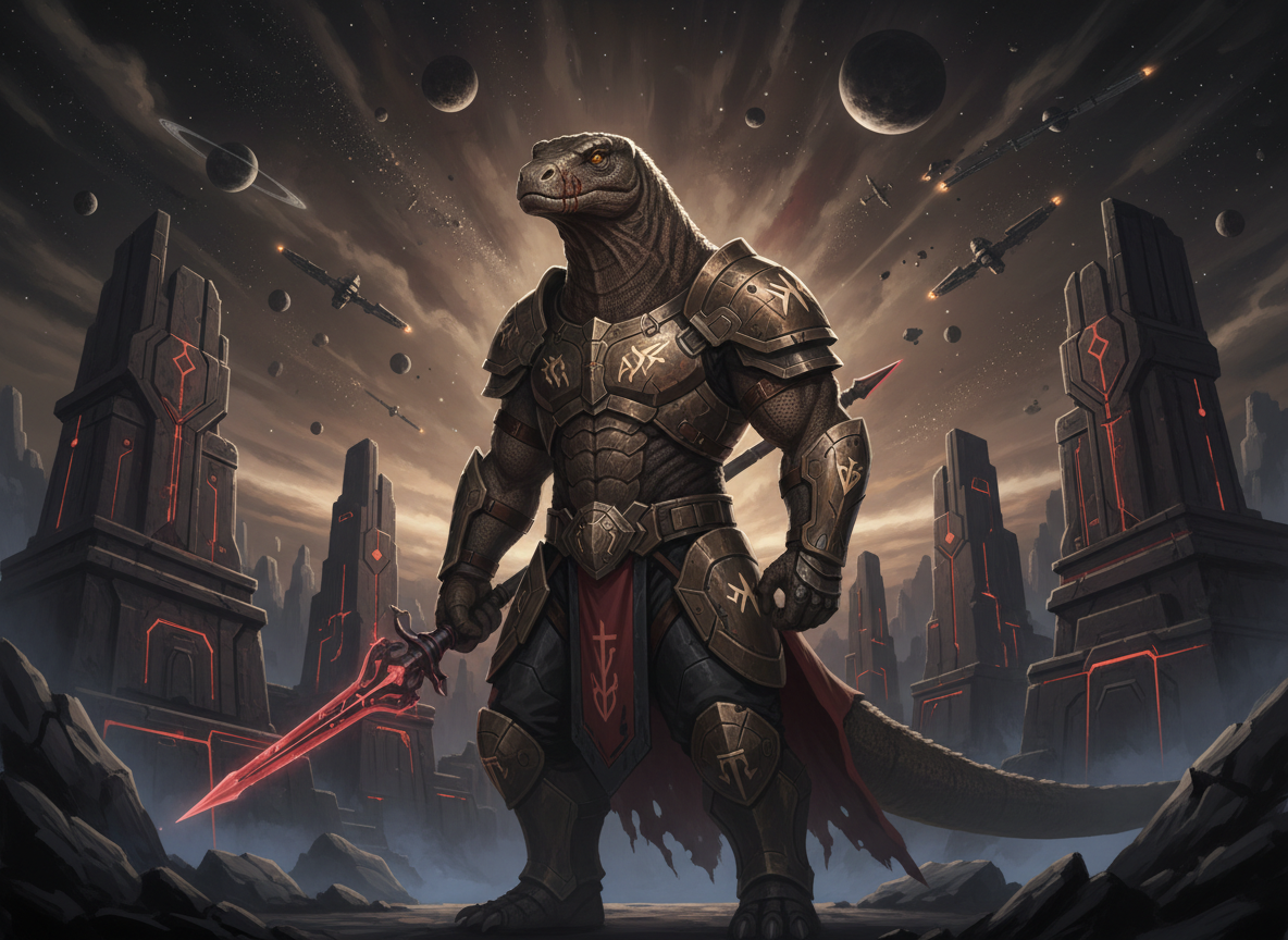 A cinematic science-fiction archival illustration for a novel appendix: an imposing sapient bipedal reptilian warrior resembling a Komodo dragon stands on the alien world Tarkonia, surrounded by ancient clan-world architecture and a vast starfield. The atmosphere is ominous and imperial, suggesting a classified Emperor's Archives dossier about a hostile enemy species. Include subtle hints of countless worlds and orbital warfare in the distant sky. Dramatic moonlight, muted bronze, deep red and black palette, highly detailed, serious literary sci-fi cover-art style. No text, no labels, no logos.