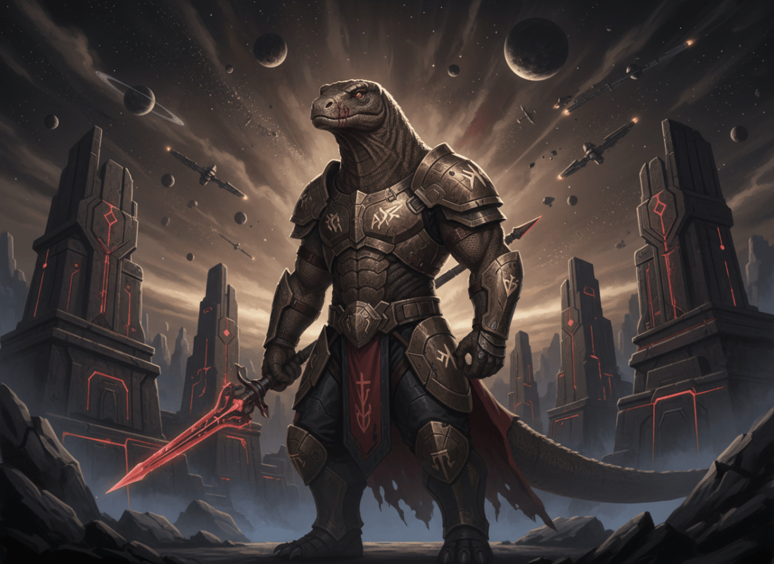 A cinematic science-fiction archival illustration for a novel appendix: an imposing sapient bipedal reptilian warrior resembling a Komodo dragon stands on the alien world Tarkonia, surrounded by ancient clan-world architecture and a vast starfield. The atmosphere is ominous and imperial, suggesting a classified Emperor's Archives dossier about a hostile enemy species. Include subtle hints of countless worlds and orbital warfare in the distant sky. Dramatic moonlight, muted bronze, deep red and black palette, highly detailed, serious literary sci-fi cover-art style. No text, no labels, no logos.