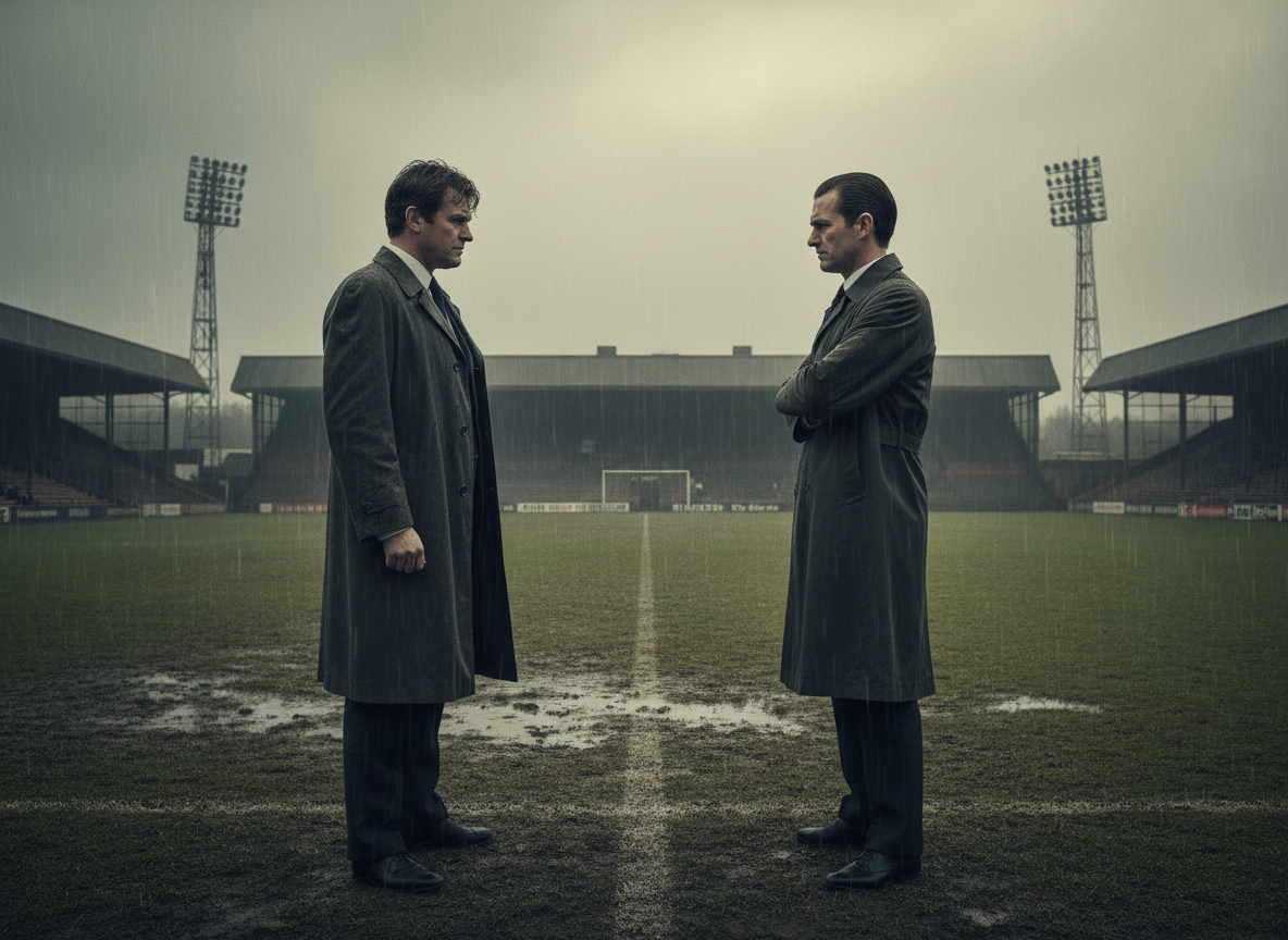 A cinematic, editorial-style historical football illustration inspired by the story of Brian Clough and Johnny Giles surrounding The Damned United: two serious 1970s English football managers in dark suits and coats standing on opposite sides of a rain-soaked football pitch, a moody stadium in the background, vintage documentary atmosphere, muted earthy colors, dramatic lighting, no text, no logos, no recognizable actor likenesses.