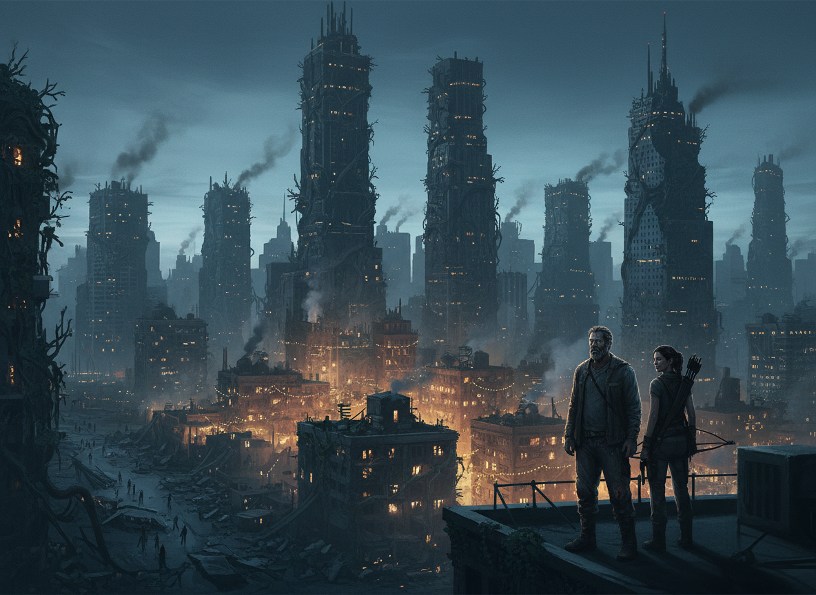 A cinematic, atmospheric editorial illustration for a television review of The Walking Dead: Dead City Season 3. Show a post-apocalyptic Manhattan skyline at dusk, with overgrown skyscrapers, a fortified community glowing with warm lights, distant walkers as small silhouettes, and two separate human figures standing together on a rooftop—one rugged older man and one determined woman—suggesting uneasy partnership, survival, and hope. Moody blue-gray shadows contrasted with amber community light, dramatic composition, no text, no logos, no recognizable actor likenesses.