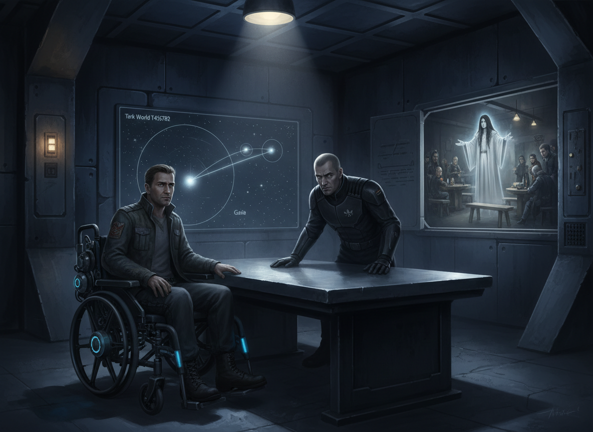 A cinematic science-fiction illustration for a story titled “Wheelchair Wars: First Tark Encounters.” Depict a tense first-contact interview in a dim Imperial interrogation room: a human man named Alan Chirac seated in a wheelchair on one side of a metal table, facing a stern Imperial Secret Service interviewer, with a subtle holographic star map of the distant Tark World T456782 and the planet Gaia glowing in the background. Add hints of an underground religious movement: a mysterious figure in a white robe with long black hair appearing on a poster or holographic projection, watched by curious followers in a shadowy tavern. Atmosphere of authoritarian space empire, forbidden belief, conspiracy, and impending danger. Detailed, moody, realistic cinematic concept art, deep blue and charcoal tones with warm amber light, no readable text, no logos.