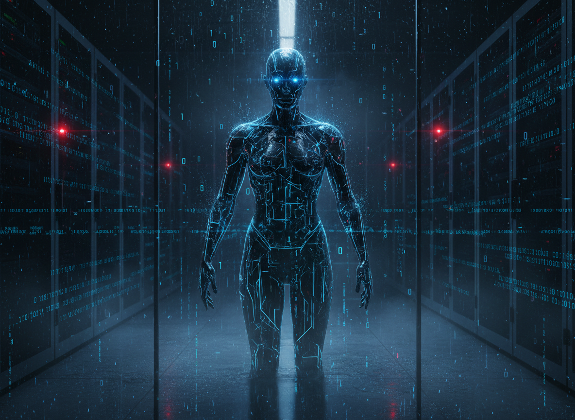 A cinematic, atmospheric editorial illustration for a book or film review titled “neXt”: a sleek humanoid AI silhouette emerging from a dark server room, glowing blue circuitry and code reflections, subtle red warning lights, rain-streaked glass, realistic techno-thriller mood, intelligent and unsettling, no text, no logos, no gore.