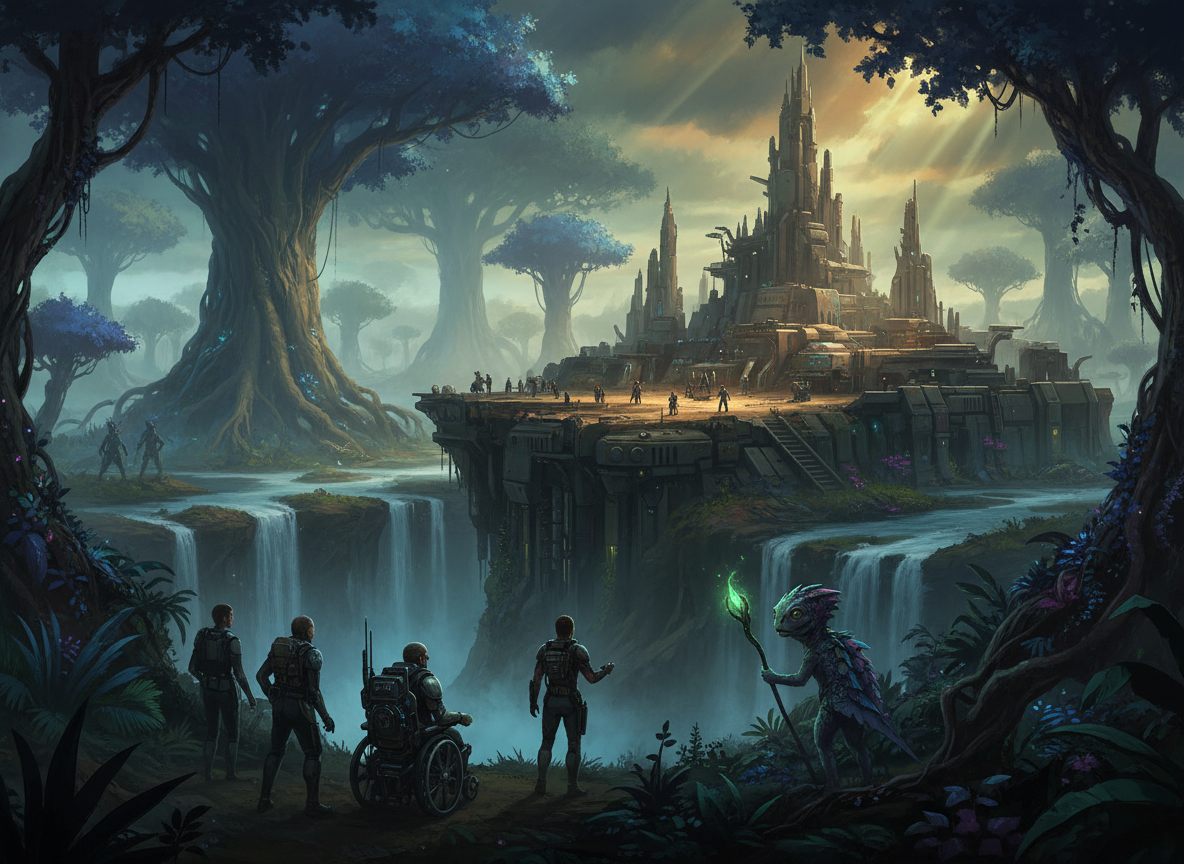 A cinematic science-fiction illustration inspired by the short story “Wheelchair Wars: First Tark Encounters P2”: a tropical alien planet with dense swamps surrounding a rare dry settlement, a small human colony of about three hundred survivors, and a tense sense of isolation and difficult first encounters. Dramatic atmospheric lighting, literary sci-fi cover-art composition, detailed environment, no text, no logos.